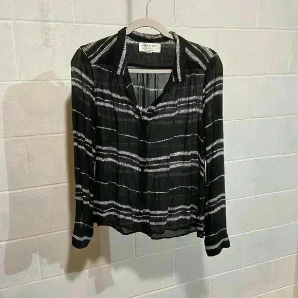 Cloth & Stone Anthropologie Women's LS Sheer Blouse Small‎ Black White Stripe - Picture 1 of 6